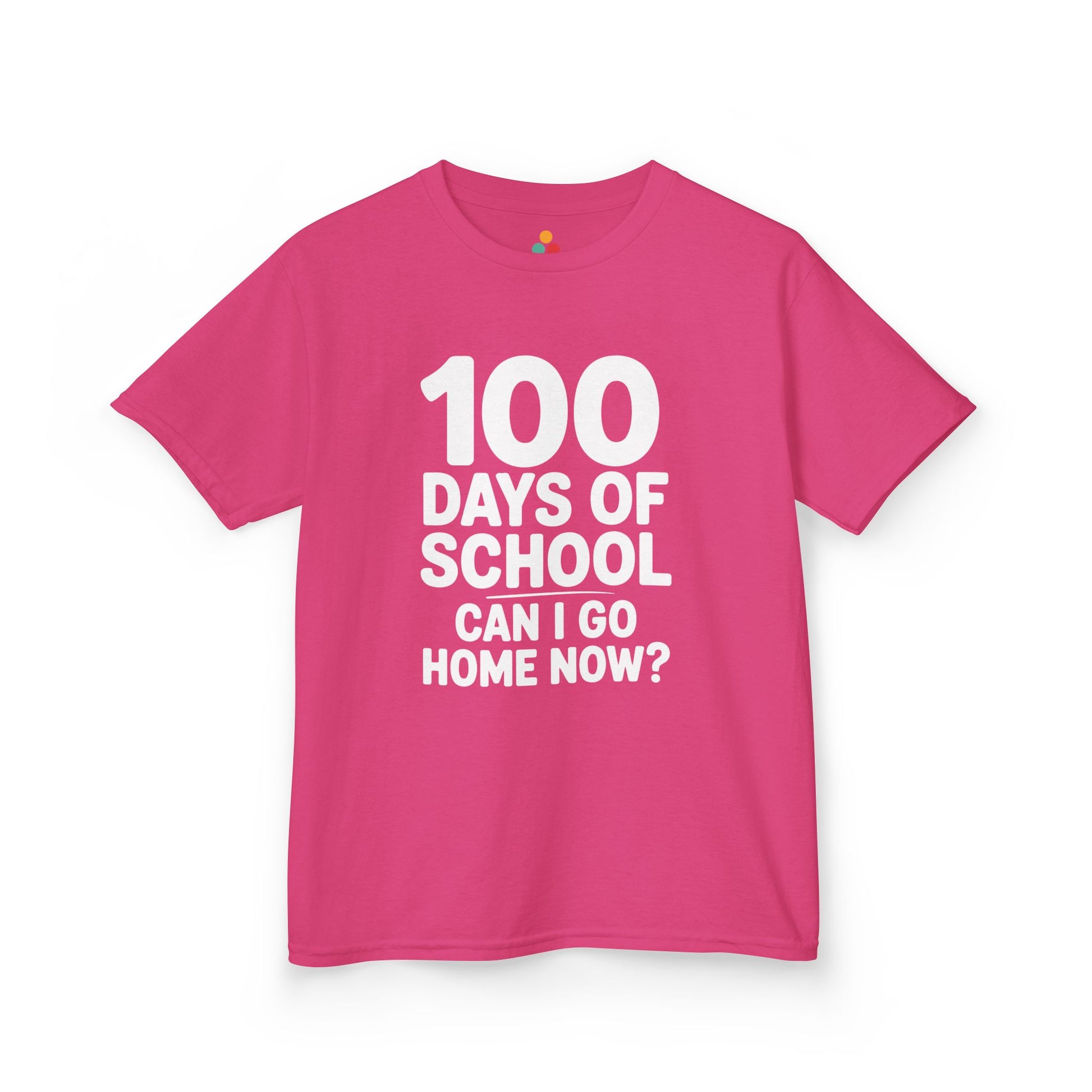 Flat lay of a pink TEEZOCA “100 Days Of School Can I Go Home Now?” Kids graphic t‑shirt.