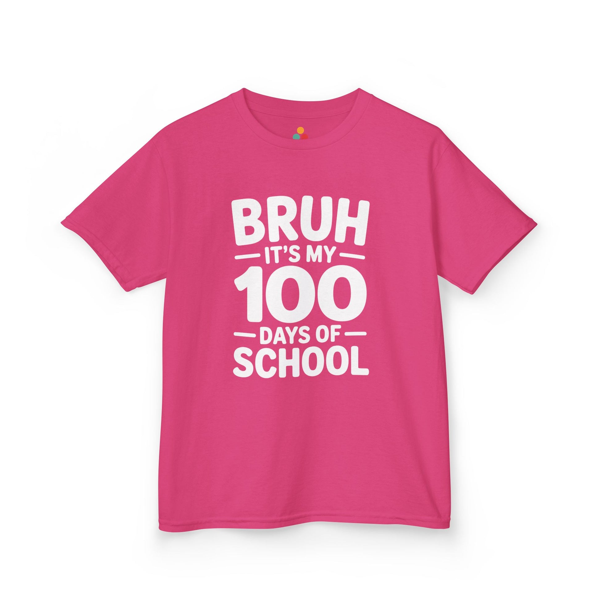 Flat lay of a pink TEEZOCA “Bruh It’s My 100 Days Of School” graphic Kids t‑shirt.