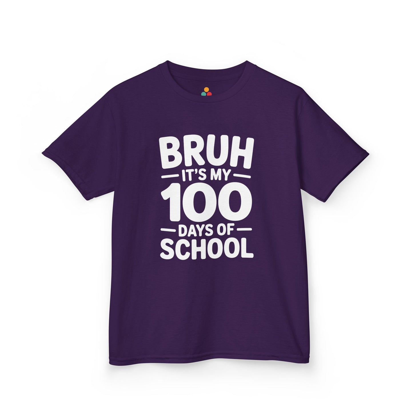 Flat lay of a purple TEEZOCA “Bruh It’s My 100 Days Of School” graphic Kids t‑shirt.