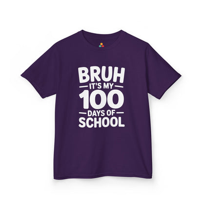 Flat lay of a purple TEEZOCA “Bruh It’s My 100 Days Of School” graphic Kids t‑shirt.