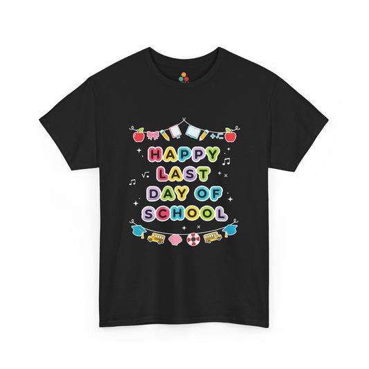 Flat lay of black t-shirt featuring TEEZOCA Happy Last Day Of School design with colorful icons.