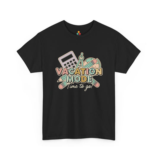 Flat lay of black t-shirt featuring TEEZOCA Vacation Mode design with calculator and globe.