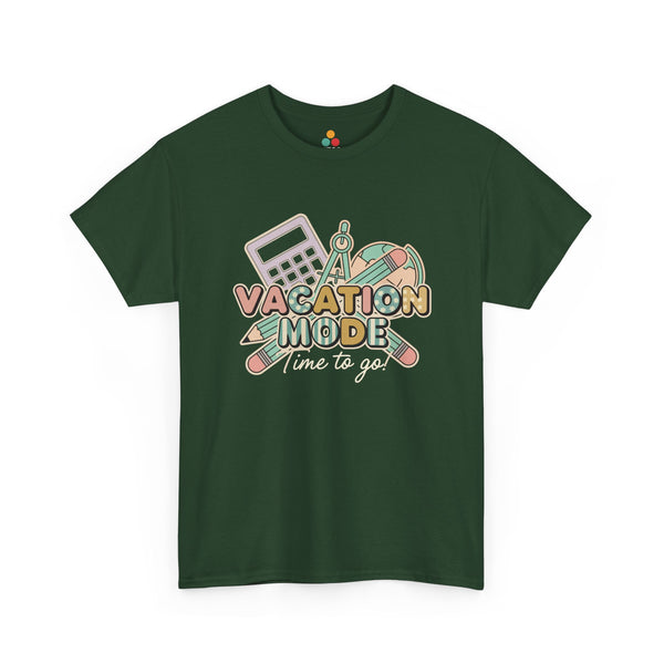 Flat_lay_of_dark_green_t-shirt_with_TEEZOCA_Time_To_Go_vacation_graphic0