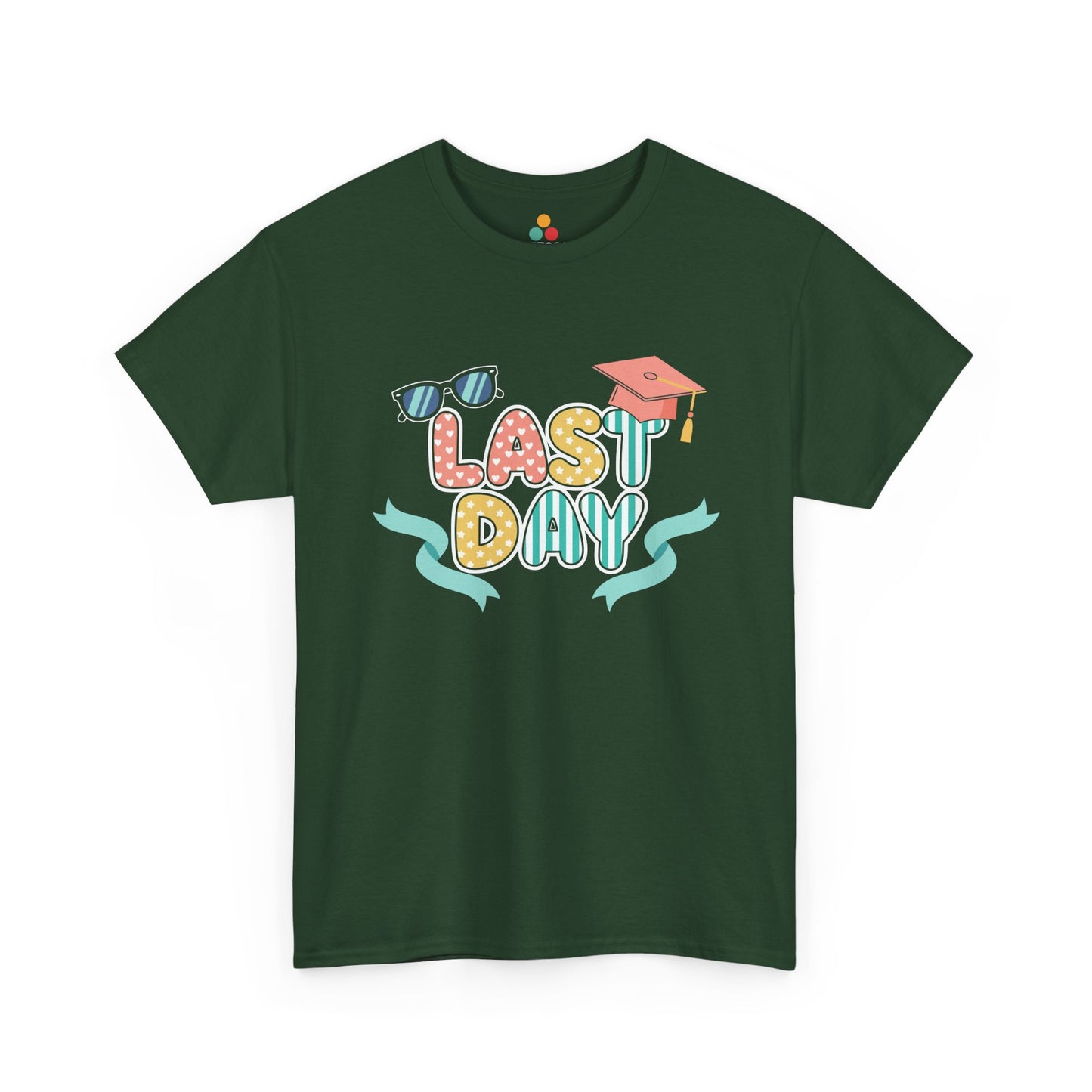 Flat lay of dark green t-shirt with TEEZOCA graduation cap and sunglasses graphic.
