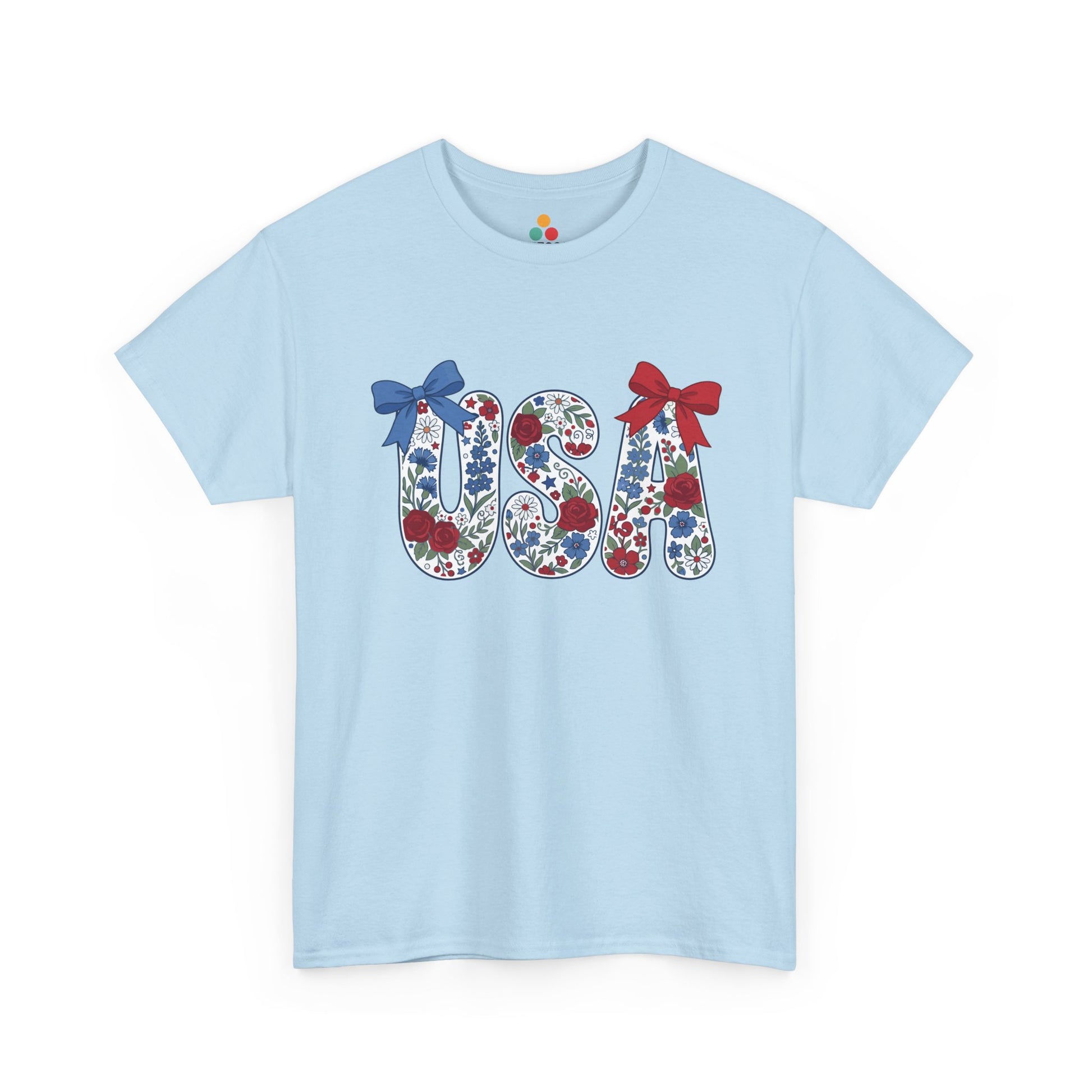 Floral Bow Wildflower USA light blue T-Shirt – Cute Patriotic Gift for Women | TEEZOCA 