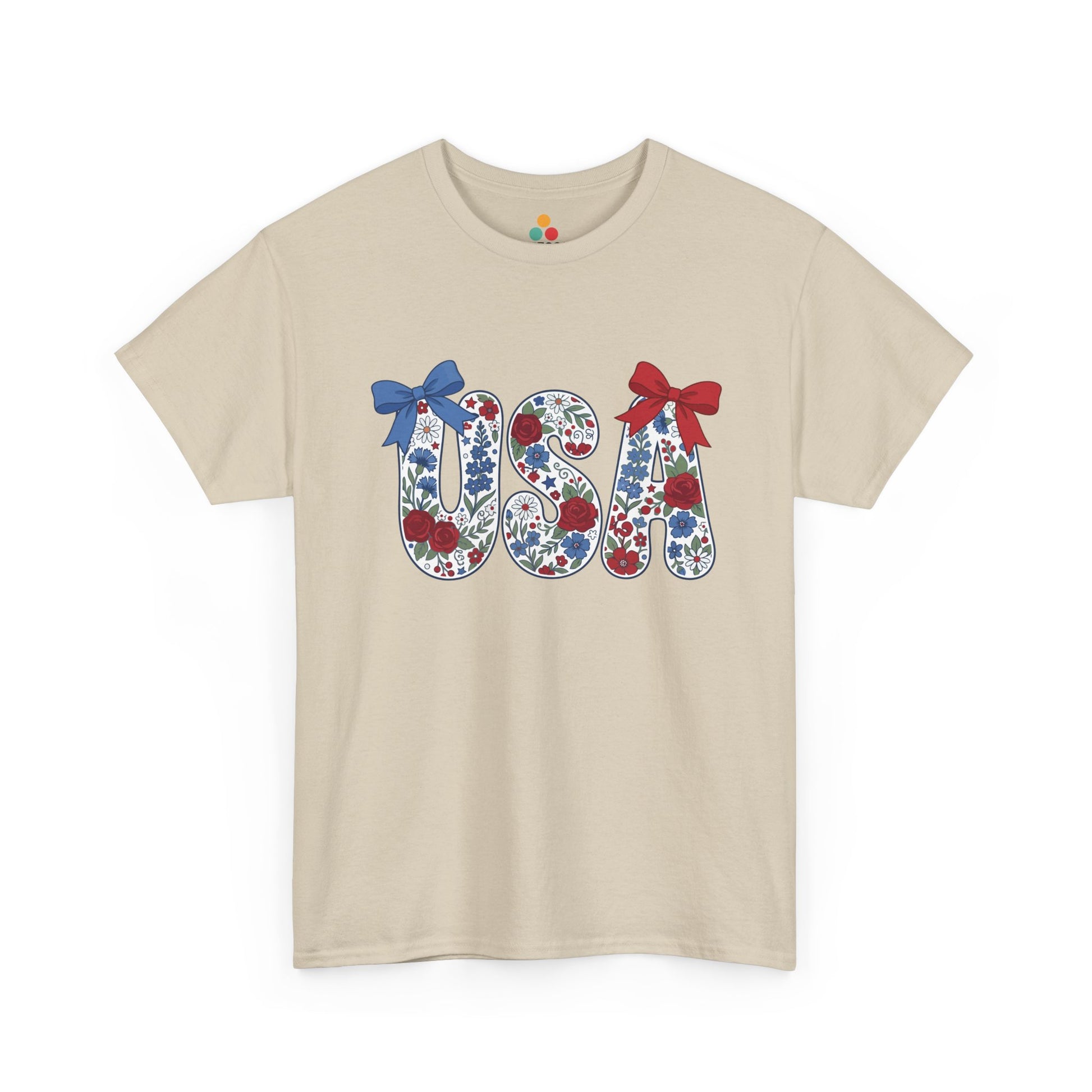 Floral Bow Wildflower USA oatmeal beige T-Shirt – Cute Patriotic Gift for Women | TEEZOCA 