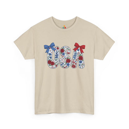 Floral Bow Wildflower USA oatmeal beige T-Shirt – Cute Patriotic Gift for Women | TEEZOCA 