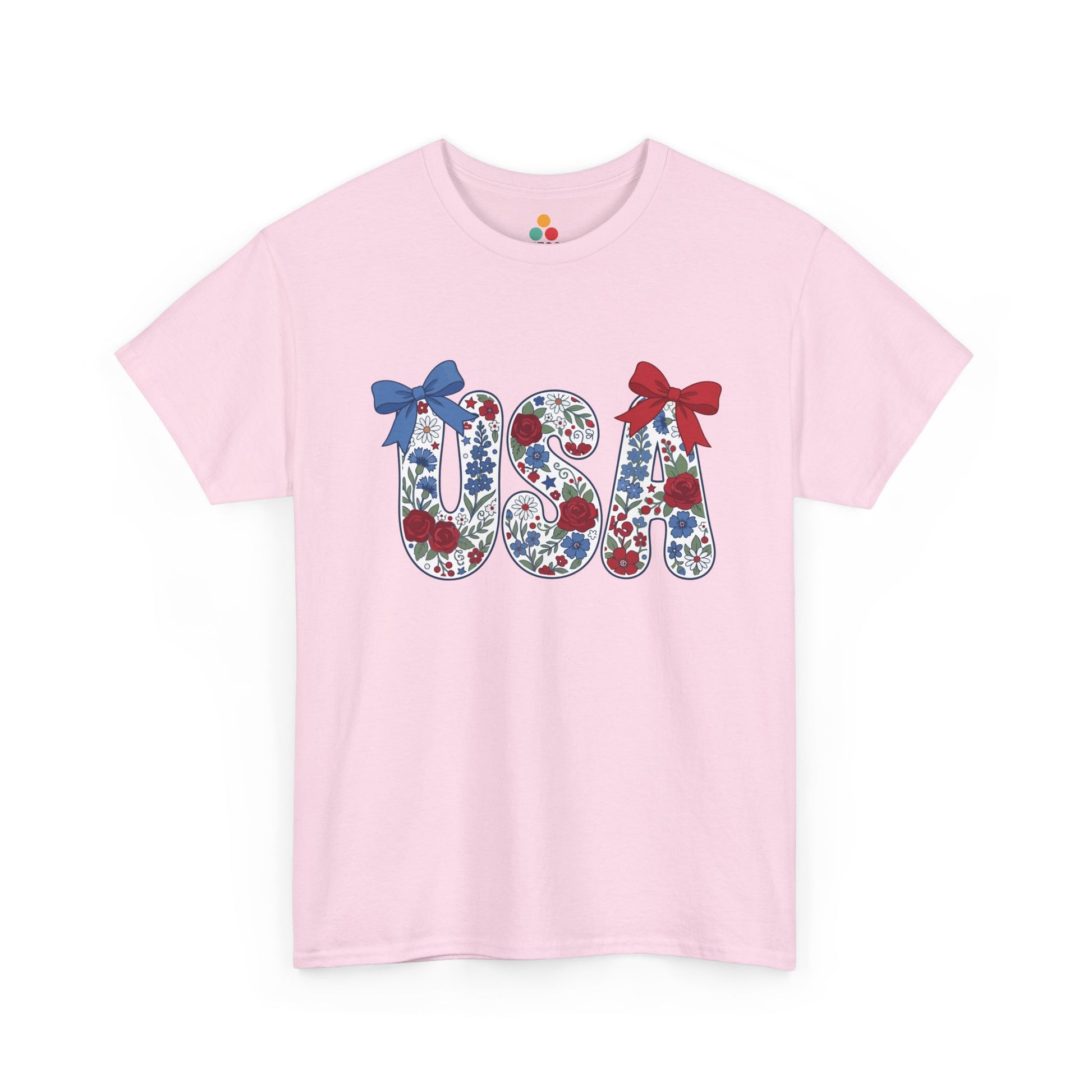 Floral Bow Wildflower USA soft pink T-Shirt – Cute Patriotic Gift for Women | TEEZOCA 