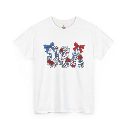 Floral Bow Wildflower USA white T-Shirt – Cute Patriotic Gift for Women | TEEZOCA 