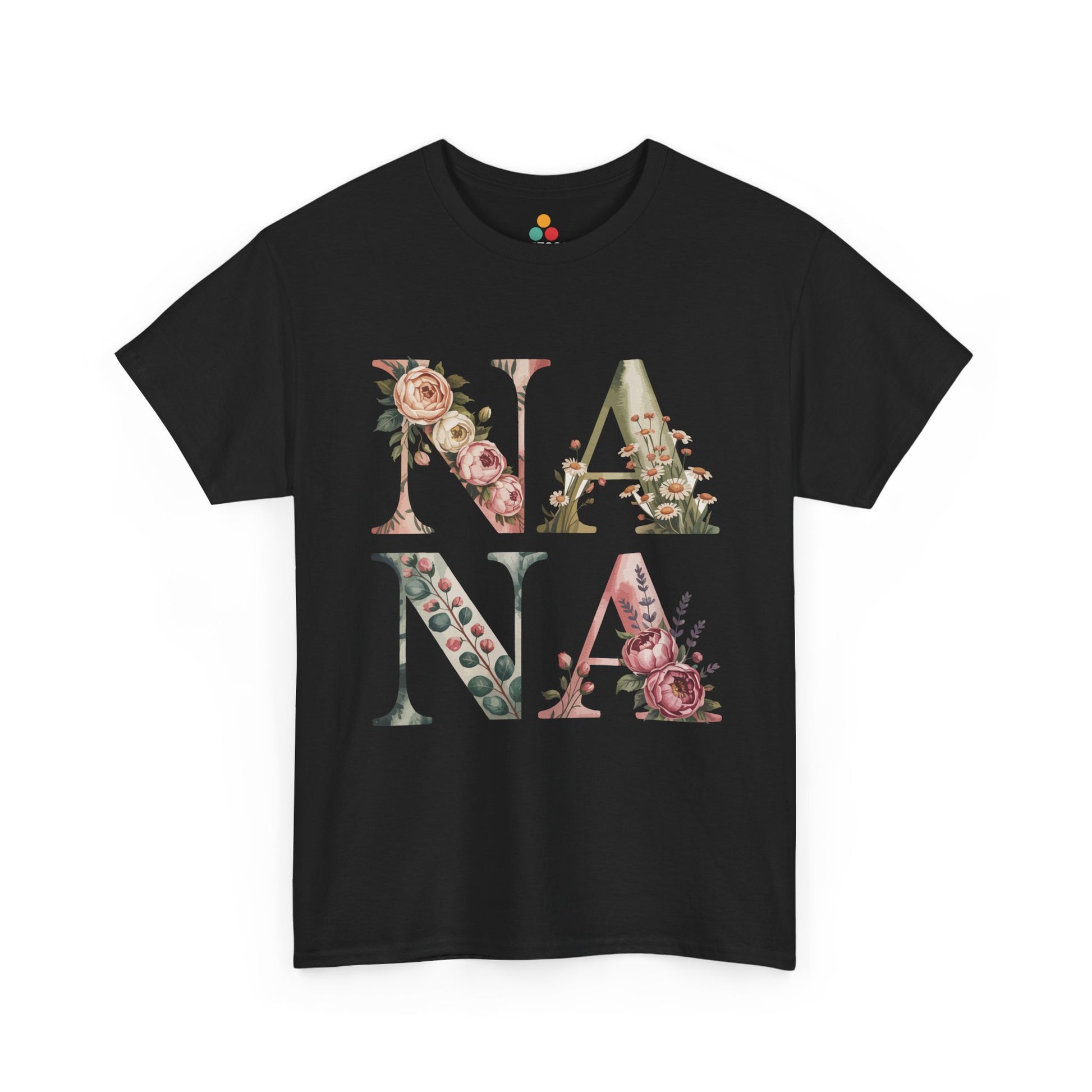 Floral Nana Black T‑Shirt – Nana Flowers Graphic Tee | TEEZOCA 