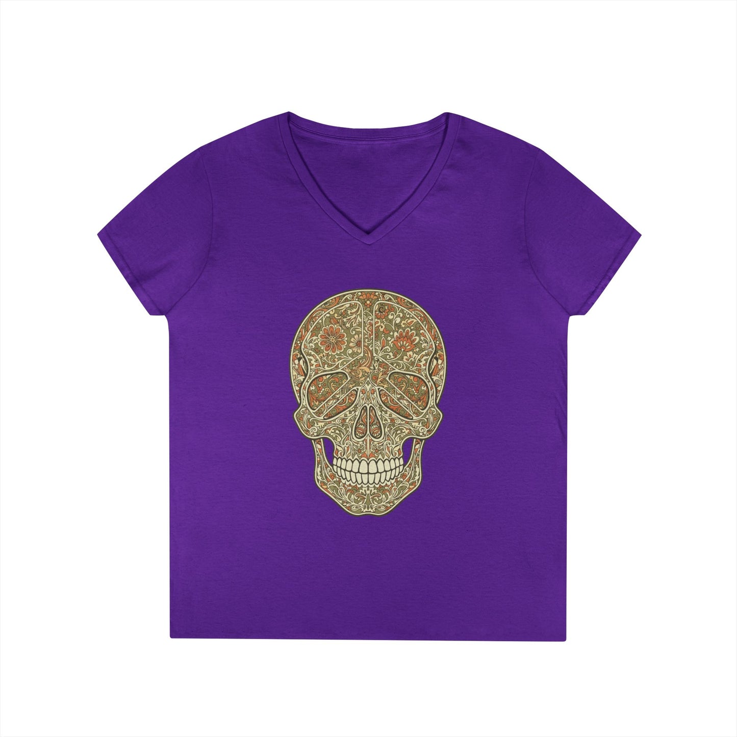 Floral Peace Skull Art V-Neck T-Shirt Retro Aesthetic Statement Tee | TEEZOCA 