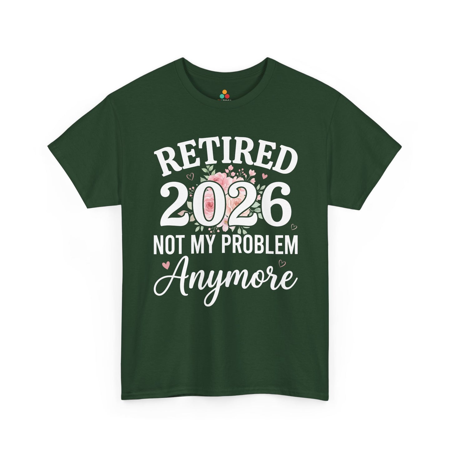 Floral TEEZOCA t-shirt made for female retirement gifts, showing roses, leaves, hearts, and a soft retired 2026 theme.
