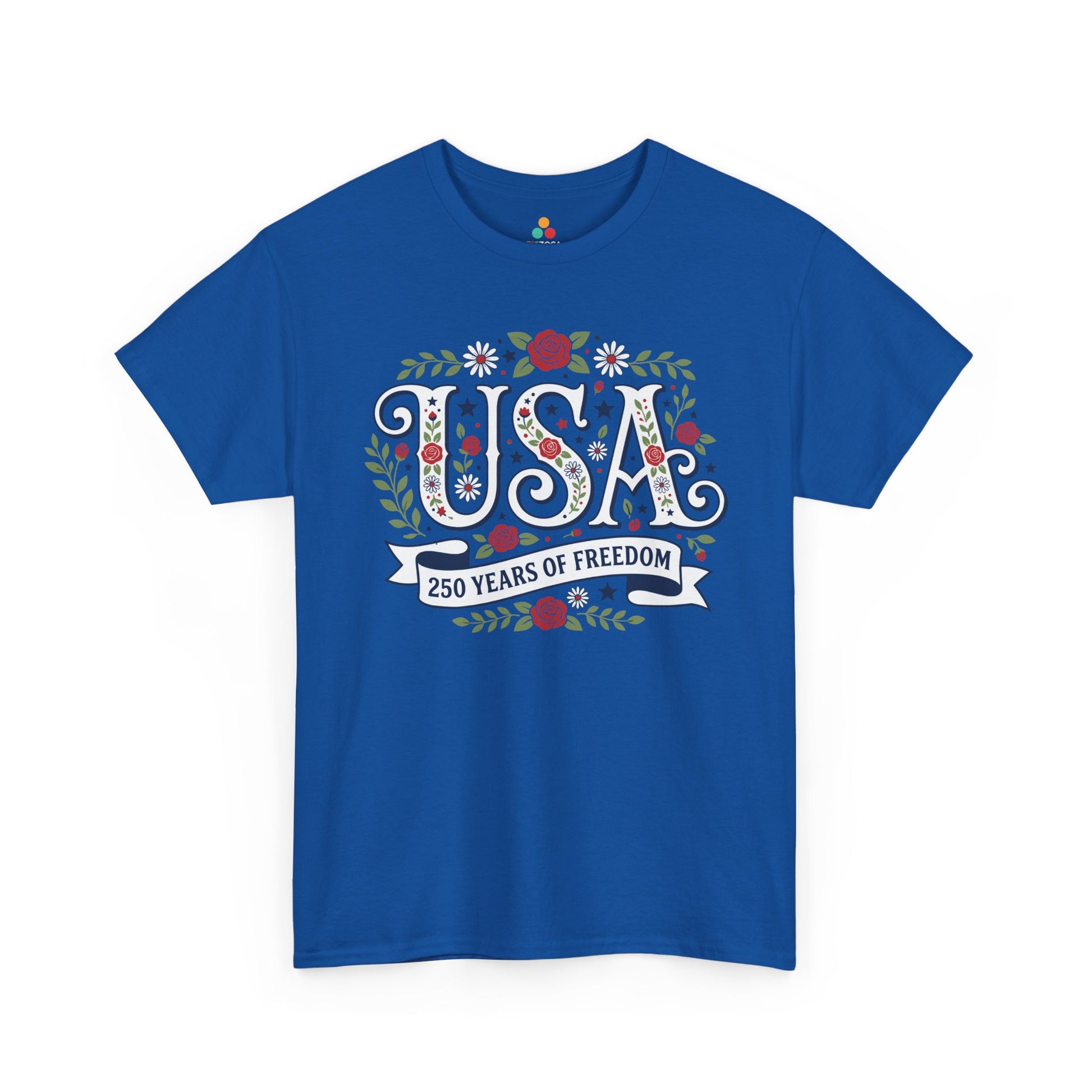 Floral USA shirt T-shirt from TEEZOCA with 250 Years of Freedom banner and feminine patriotic artwork.

