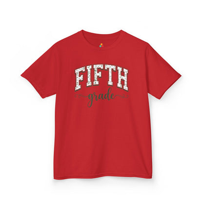 Floral red fifth grade kids tee from TEEZOCA reading fifth grade in arched varsity type, a cute back to school shirt.
