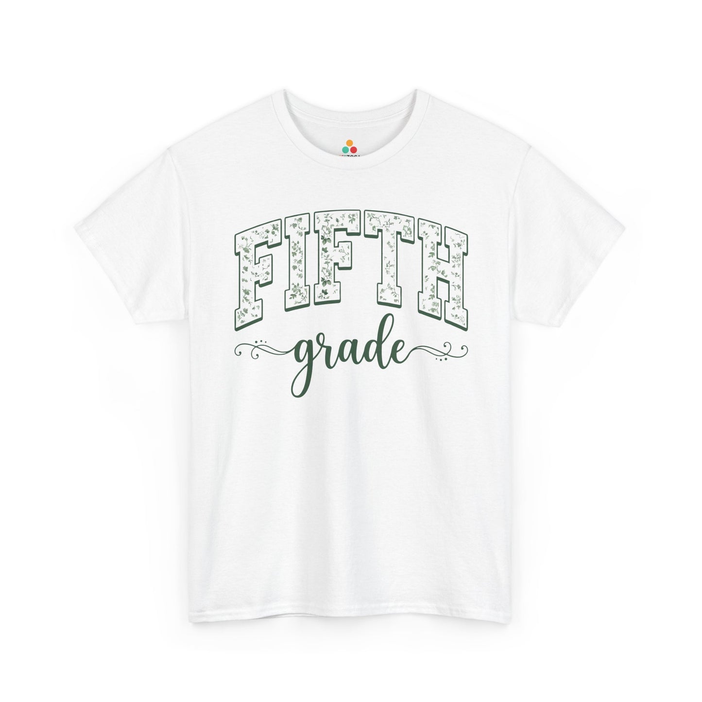 Floral white fifth grade tee from TEEZOCA reading fifth grade in arched varsity type, a unisex adult shirt for school staff.
