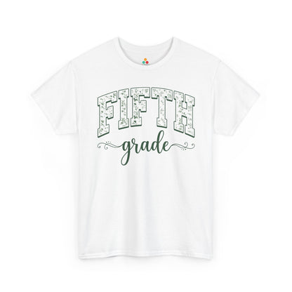 Floral white fifth grade tee from TEEZOCA reading fifth grade in arched varsity type, a unisex adult shirt for school staff.
