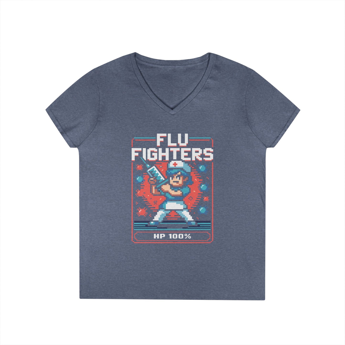 Flu Fighters Pixel Nurse V-Neck T-Shirt Retro Gaming Style Tee | TEEZOCA 