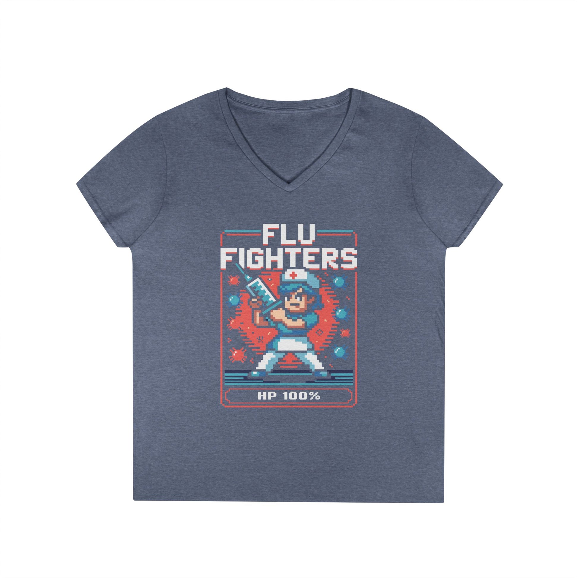 Flu Fighters Pixel Nurse V-Neck T-Shirt Retro Gaming Style Tee | TEEZOCA 