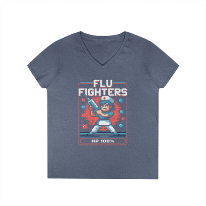 Flu Fighters Pixel Nurse V-Neck T-Shirt Retro Gaming Style Tee | TEEZOCA 