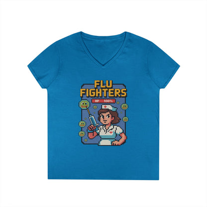 Flu Fighters V-Neck T-Shirt Retro Gamer Nurse Humor Statement Tee | TEEZOCA 