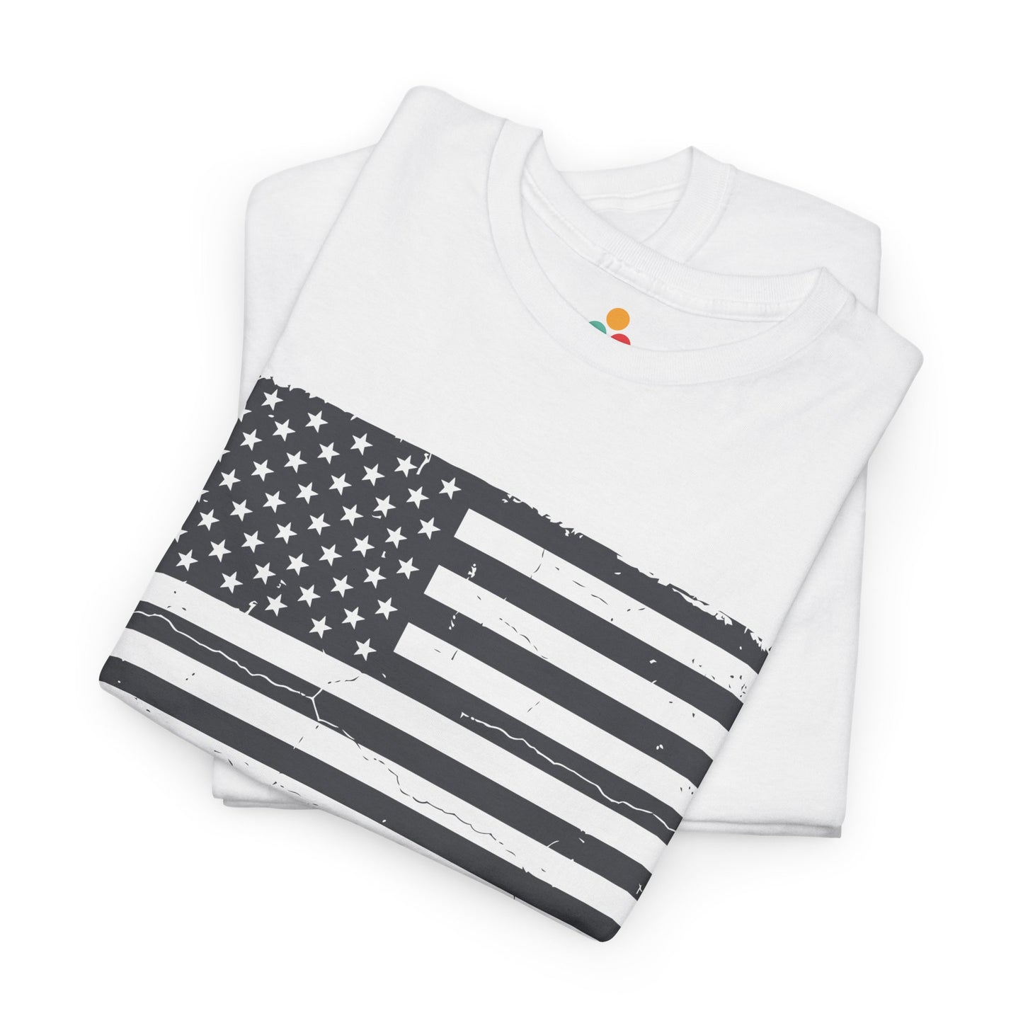 Folded TEEZOCA white graphic tee Distressed American Flag T-Shirt – Vintage Patriotic Gift for Men and Women