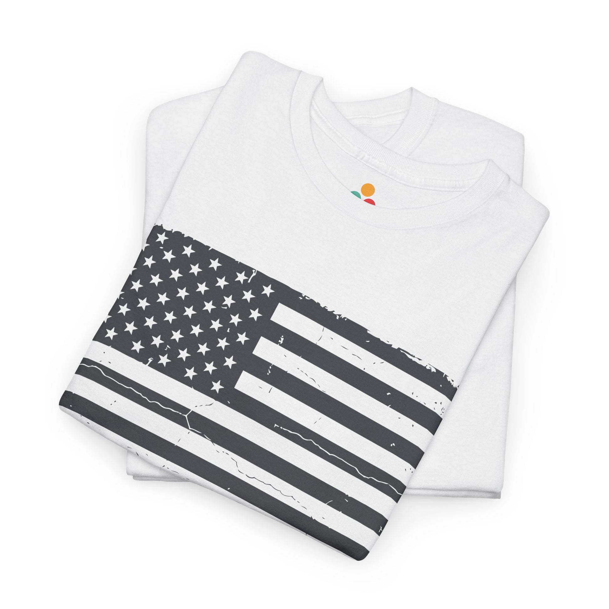 Folded TEEZOCA white graphic tee Distressed American Flag T-Shirt – Vintage Patriotic Gift for Men and Women