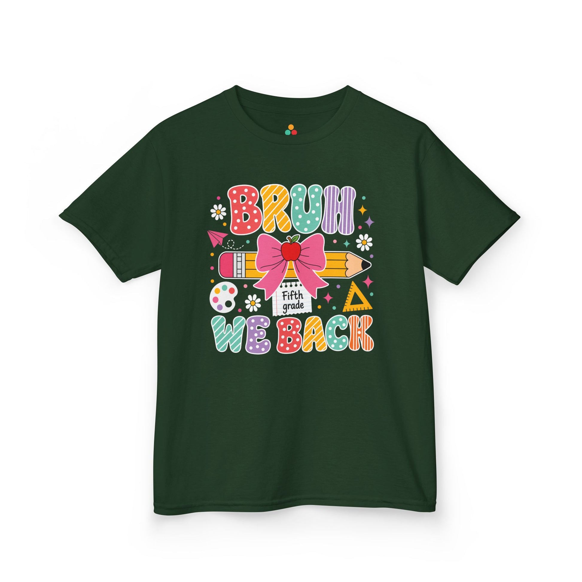Forest green TEEZOCA Bruh We Back Fifth Grade kids shirt, the kind of funny back to school tee parents find on Amazon and Etsy.
