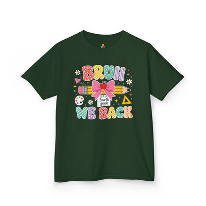 Forest green TEEZOCA Bruh We Back Fourth Grade kids shirt, the kind of funny back to school tee parents find on Amazon and Etsy.
