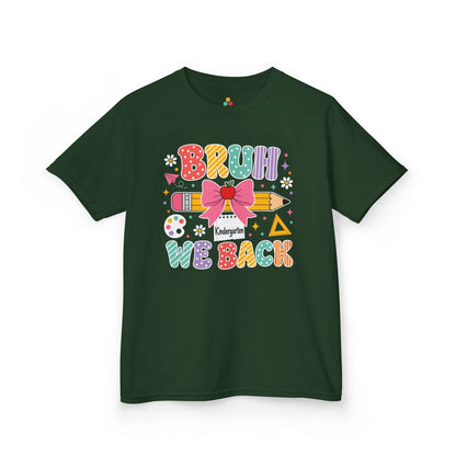 Forest green TEEZOCA Bruh We Back Kindergarten kids shirt, the kind of funny first day tee parents find on Amazon and Etsy.
