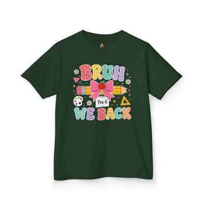 Forest green TEEZOCA Bruh We Back Pre-K kids shirt, the kind of funny first day tee parents find on Amazon and Etsy.
