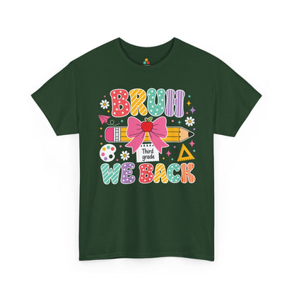 Forest green TEEZOCA Bruh We Back Third Grade shirt, the kind of funny teacher tee found on Amazon and Etsy.
