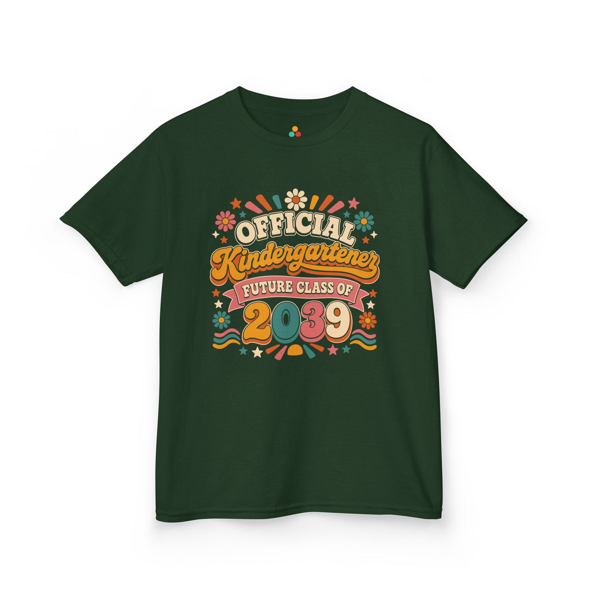 Forest green TEEZOCA Future Class of 2039 kids tee, a matching keepsake shirt with a retro look for a new kindergartener.
