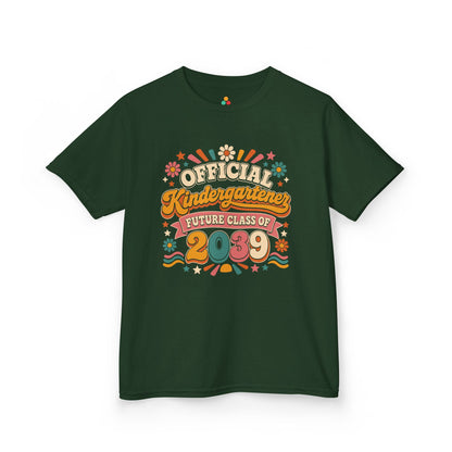Forest green TEEZOCA Future Class of 2039 kids tee, a matching keepsake shirt with a retro look for a new kindergartener.
