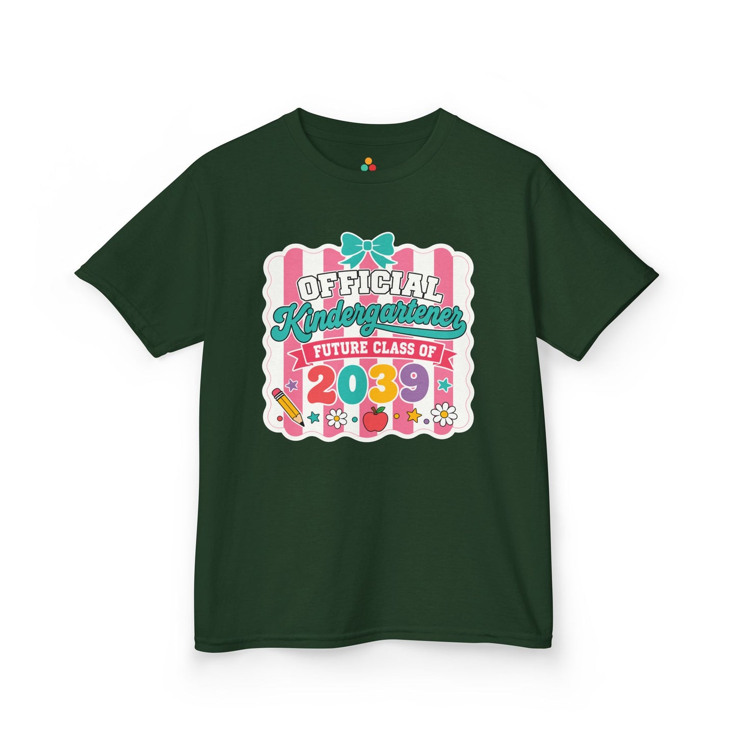 Forest green TEEZOCA Future Class of 2039 kids tee with a bow, a matching keepsake shirt for a new kindergartener.
