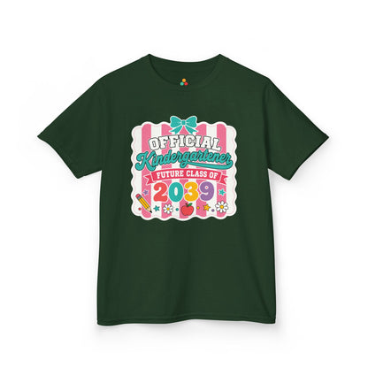 Forest green TEEZOCA Future Class of 2039 kids tee with a bow, a matching keepsake shirt for a new kindergartener.
