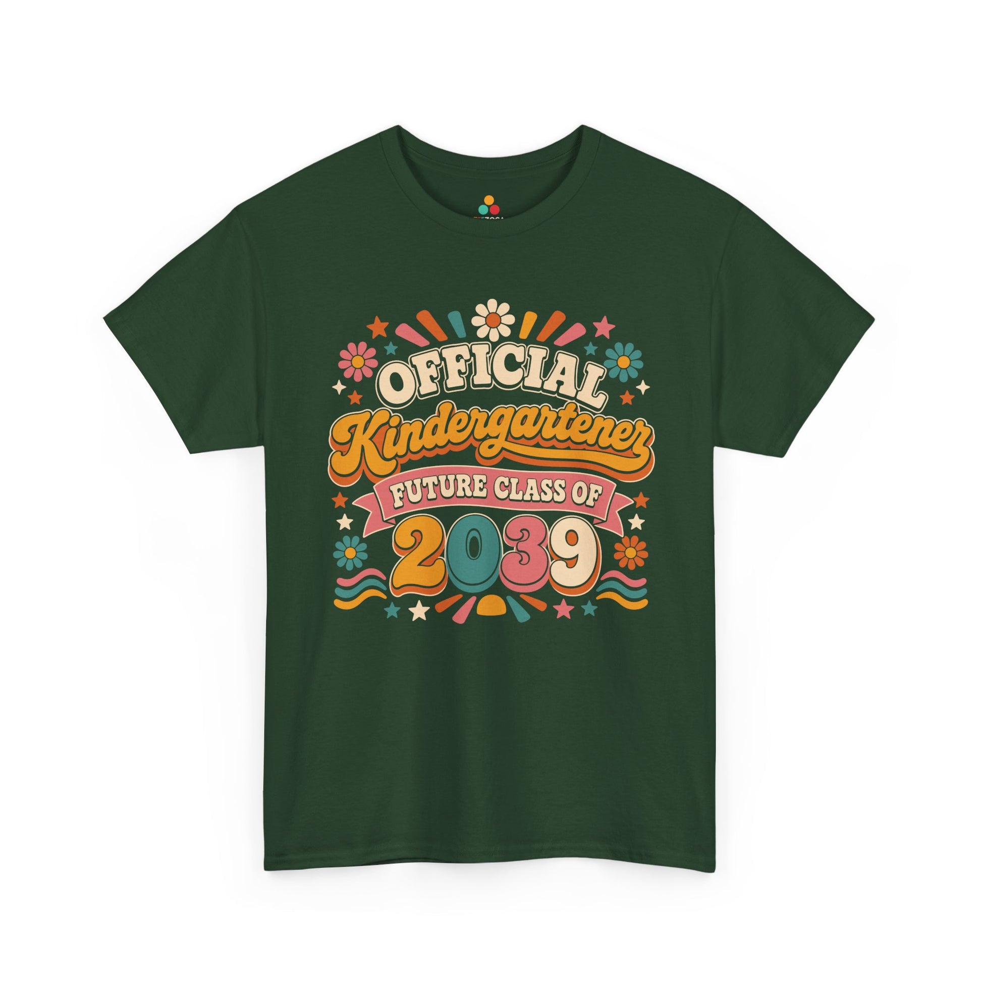 Forest green TEEZOCA Future Class of 2039 shirt, a matching family keepsake tee with a retro look for a new kindergartener.
