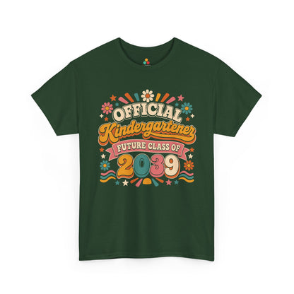 Forest green TEEZOCA Future Class of 2039 shirt, a matching family keepsake tee with a retro look for a new kindergartener.
