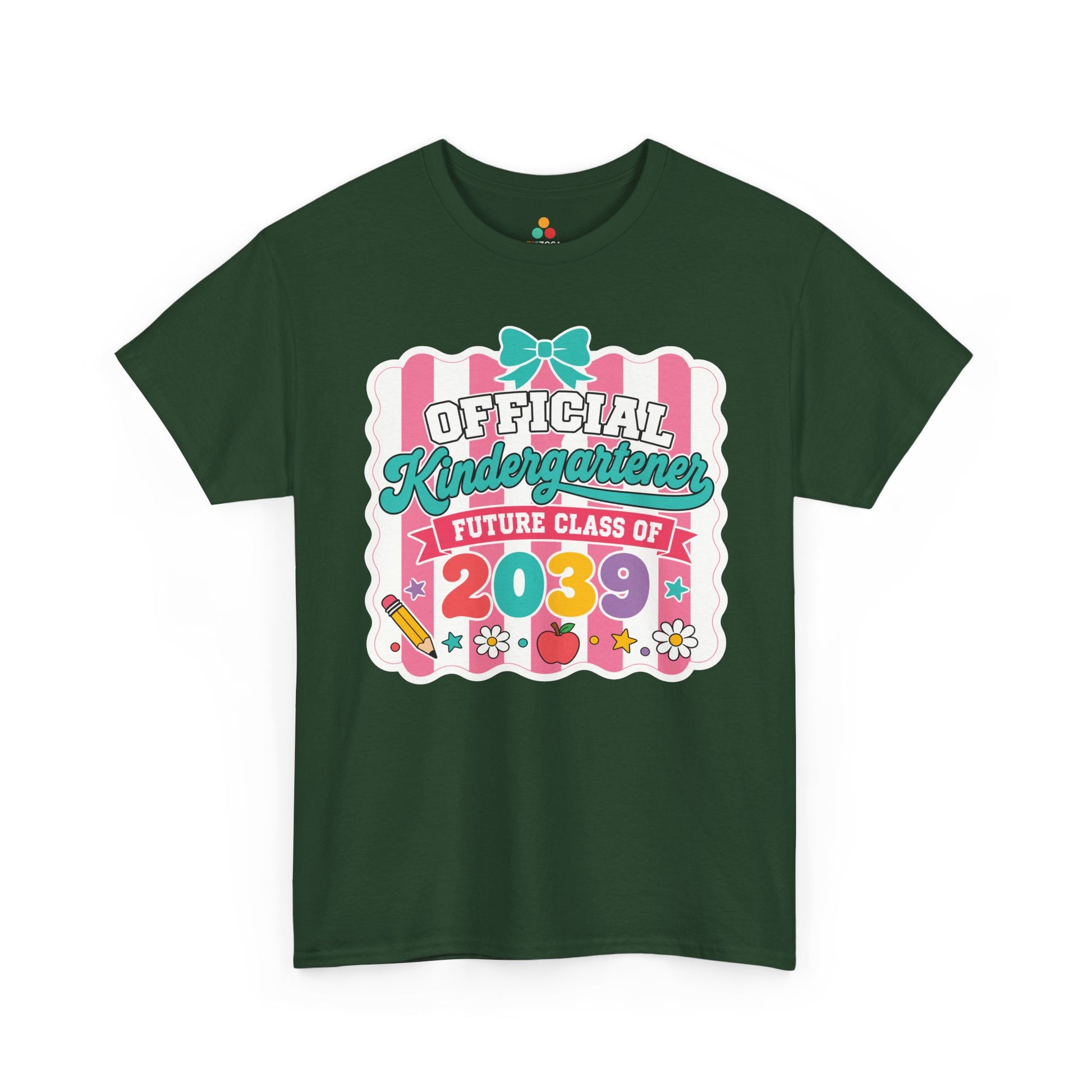Forest green TEEZOCA Future Class of 2039 shirt with a bow, a matching family keepsake tee for a new kindergartener.
