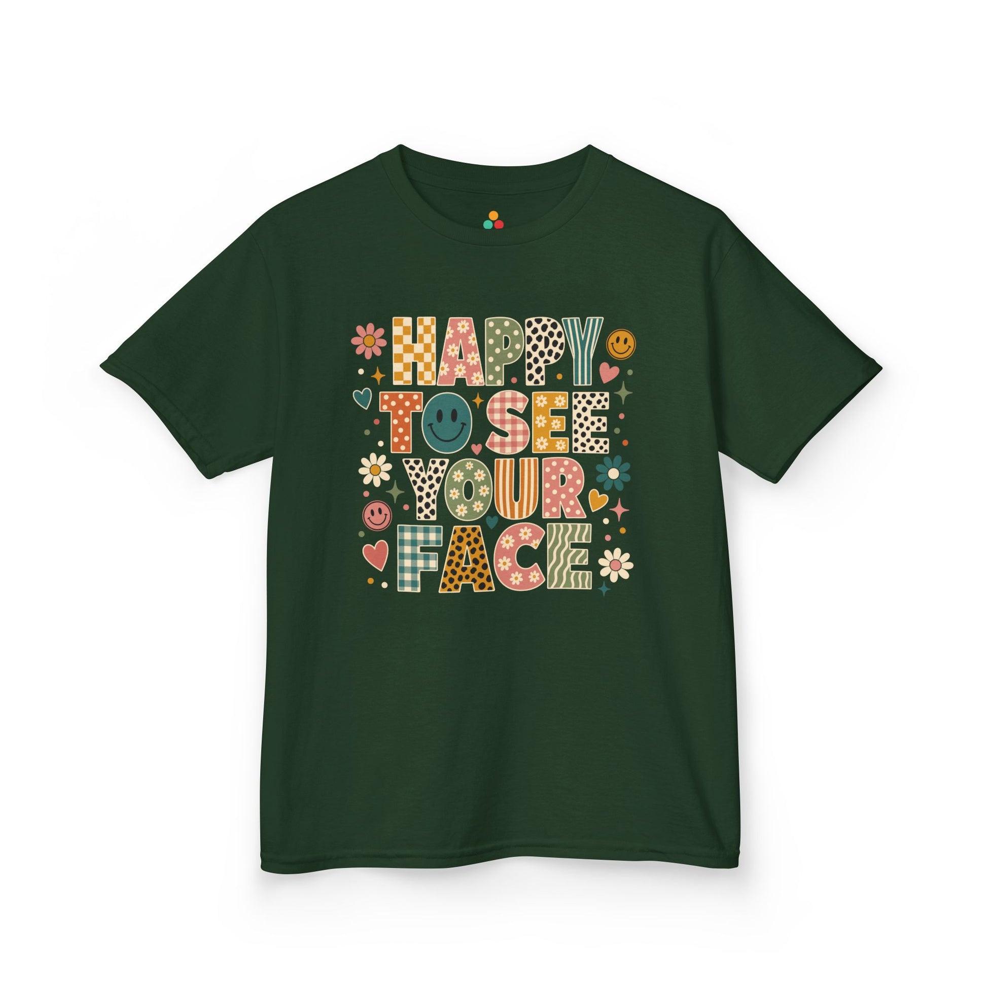 Forest green TEEZOCA Happy to See Your Face boho kids tee, a cute back to school shirt for a new school year.
