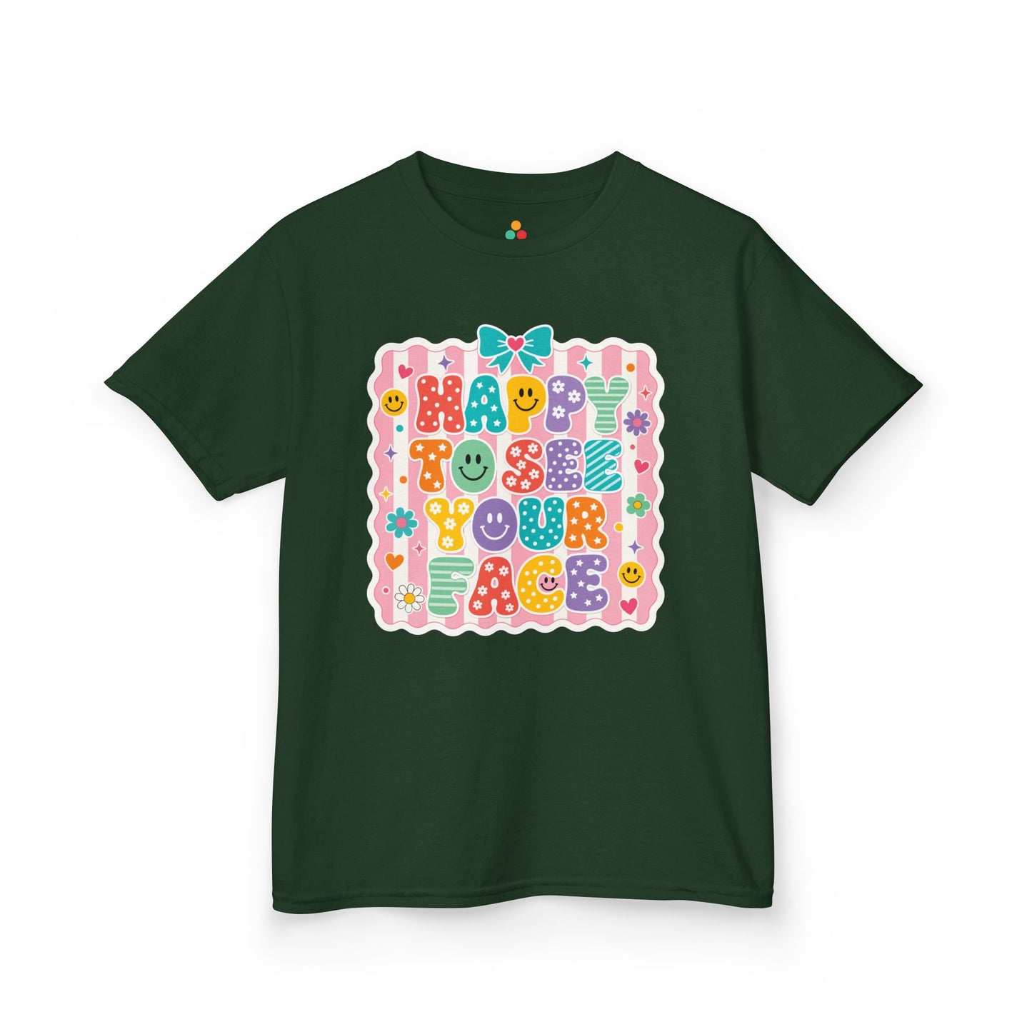 Forest green TEEZOCA Happy to See Your Face bow kids shirt, the kind of cute back to school tee parents find on Amazon and Etsy.
