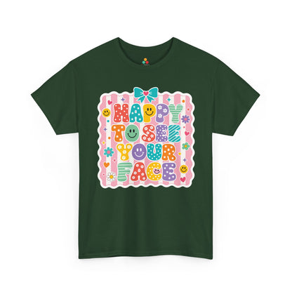 Forest green TEEZOCA Happy to See Your Face bow shirt, the kind of teacher tee found on Amazon and Etsy for back to school.
