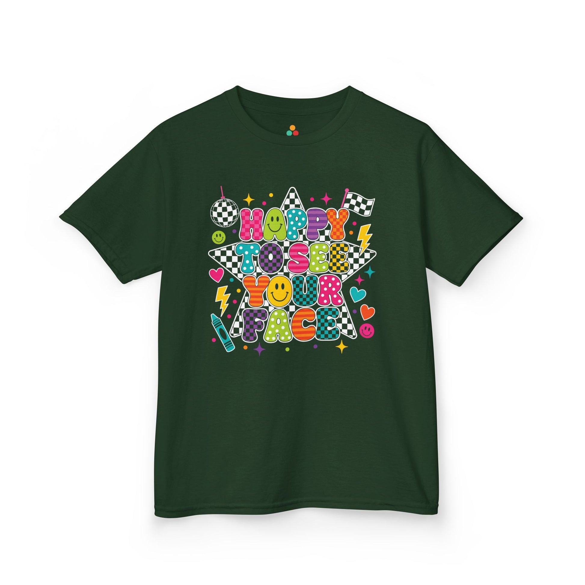 Forest green TEEZOCA Happy to See Your Face kids shirt, the kind of cheerful back to school tee parents find on Amazon and Etsy.
