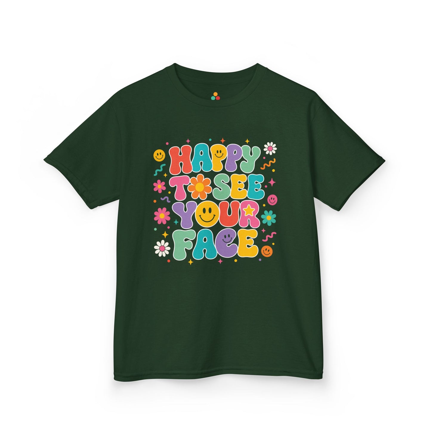 Forest green TEEZOCA Happy to See Your Face retro kids shirt, the kind of cheerful back to school tee parents find on Amazon and Etsy.
