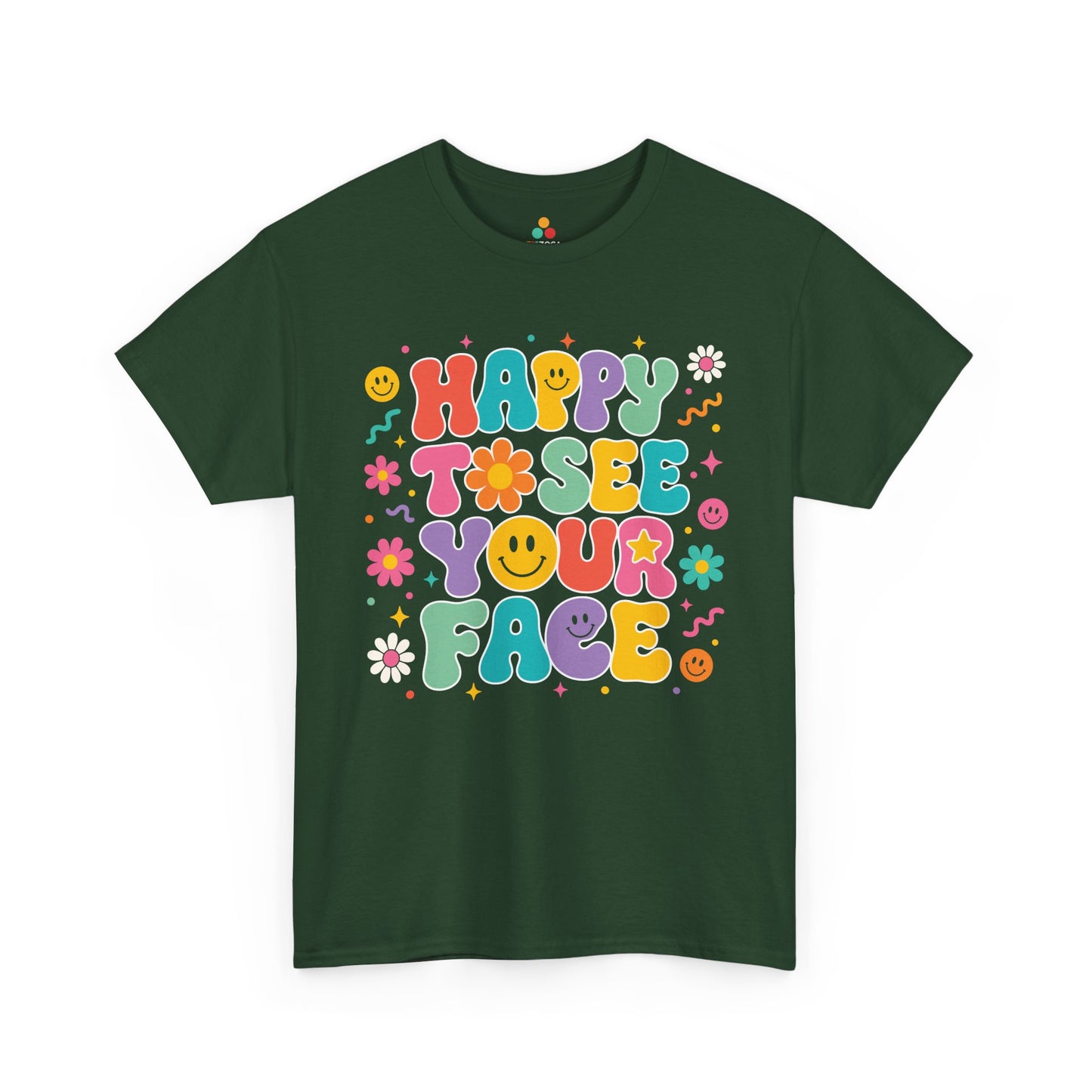 Forest green TEEZOCA Happy to See Your Face retro shirt, the kind of teacher tee found on Amazon and Etsy for back to school.
