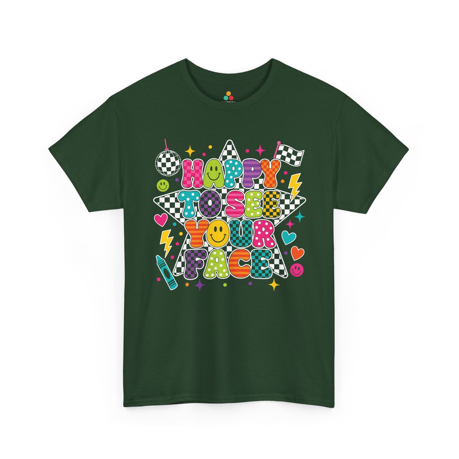 Forest green TEEZOCA Happy to See Your Face shirt, the kind of teacher tee found on Amazon and Etsy for back to school.
