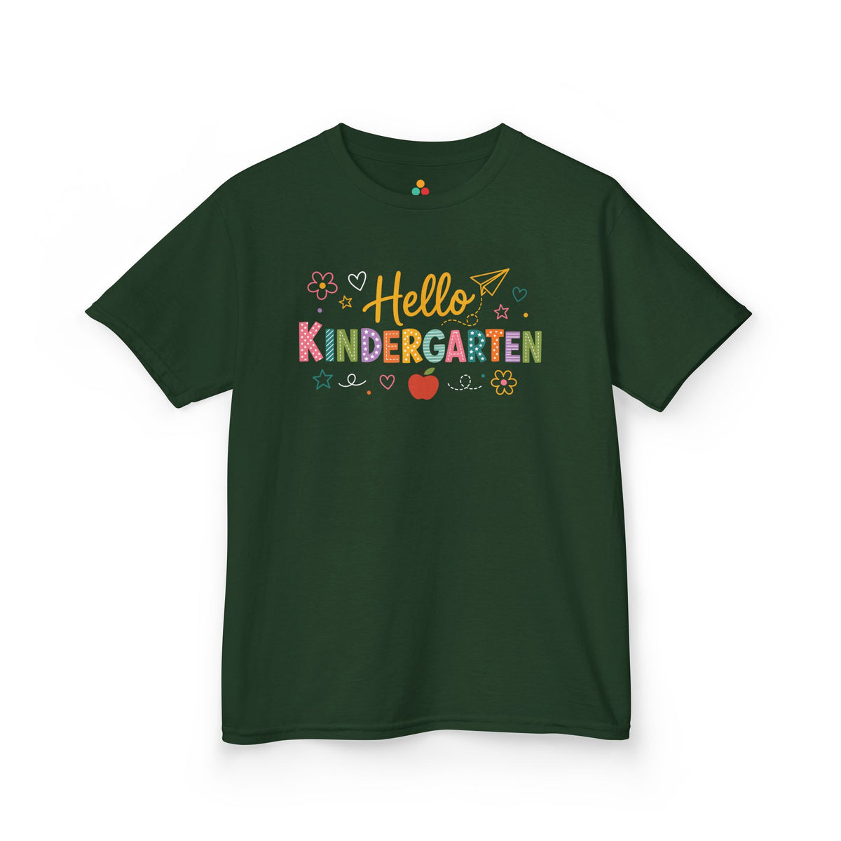Forest green TEEZOCA Hello Kindergarten kids shirt, the kind of first-day tee parents find on Amazon and Etsy.
