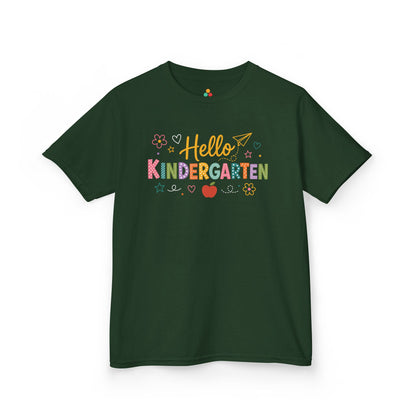 Forest green TEEZOCA Hello Kindergarten kids shirt, the kind of first-day tee parents find on Amazon and Etsy.
