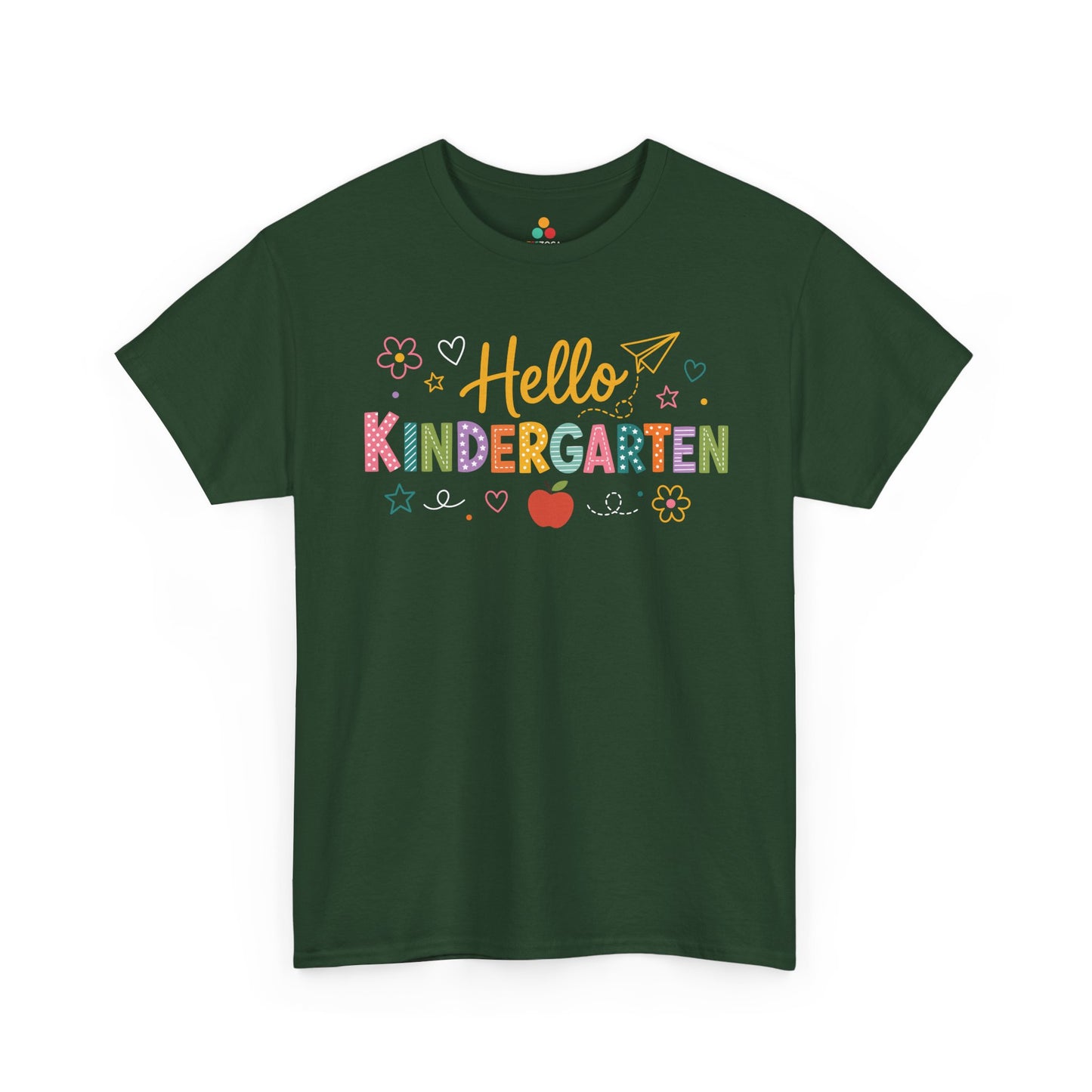 Forest green TEEZOCA Hello Kindergarten shirt, the kind of teacher tee found on Amazon and Etsy for back to school.
