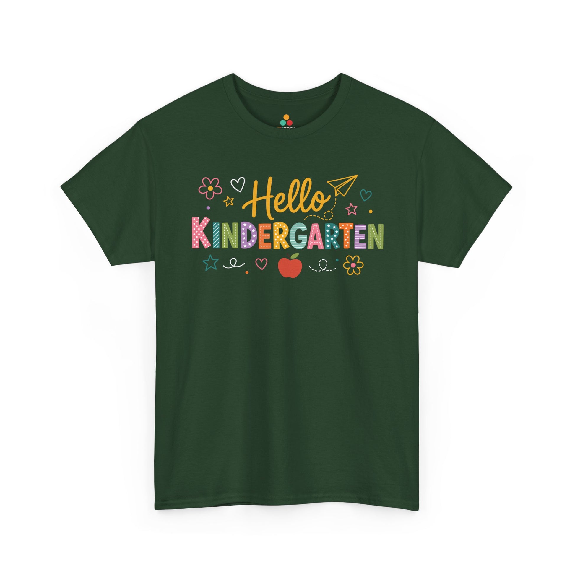 Forest green TEEZOCA Hello Kindergarten shirt, the kind of teacher tee found on Amazon and Etsy for back to school.

