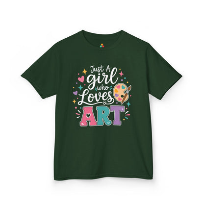 Forest green TEEZOCA Just a Girl Who Loves Art kids shirt, the kind of girls art tee parents find on Amazon and Etsy.
